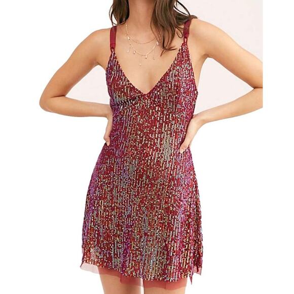 Free People Gold Rush Sequin Mini Dress in Wine Size Small Party Prom Mesh - Picture 3 of 12